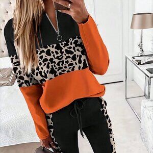 Black Casual Women's Leopard Print Top and Pants Set